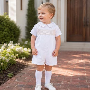 Smocked Heirloom Shortall - White with Cream  Smocking - Ring Bearer, Wedding, Baptism, Easter, Christening,  baby boy outfit WHT 140 *E