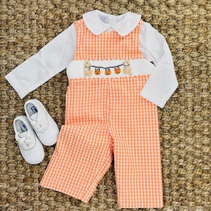 Halloween Smocked Longall - Pumpkins & Puppies - Jack O&#39;Lantern  Jon Jon, baby boy outfit, Fall 536 *A