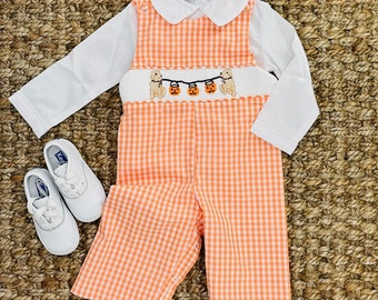 Halloween Smocked Longall - Pumpkins & Puppies - Jack O'Lantern  Jon Jon, baby boy outfit, Fall