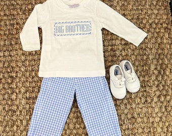Big Brother Smocked Shirt in White long sleeves (pants sold separately) - Coordinating Baby Brother & Baby Sister outfits, Gender reveal