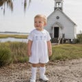 Cross Smocked Shortall in White with Blue Crosses - Baby Boy, Baptism, Easter outfit, Christening, Heirloom outfit, Vintage Style 588 *A
