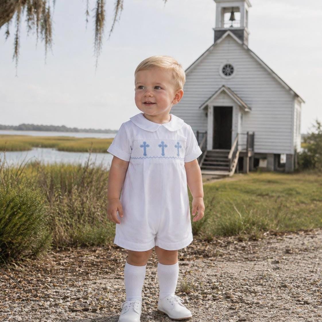 Cross Smocked Shortall in White with Blue Crosses - Baby Boy, Baptism, Easter outfit, Christening, Heirloom outfit, Vintage Style 588 *A