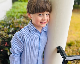 Blue Seersucker Shirt with Long Sleeves - Classic button-up, Easter, Everyday, Church Shirt, Sibling Matching