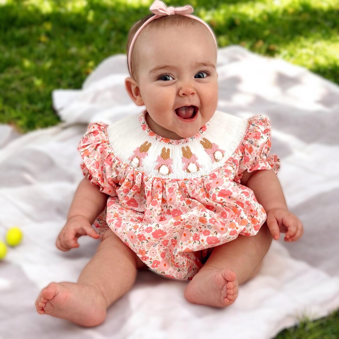 Easter Bunny Smocked Bubble Romper on Pink Liberty Floral