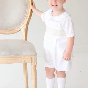Smocked Heirloom Shortall - White with Cream  Smocking - Ring Bearer, Wedding, Baptism, Easter, Christening,  baby boy outfit WHT140 *E
