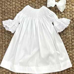 Heirloom Smocked Dress - White with White Lace - Easter, Flower Girl Dress, First Communion, Wedding, Portrait, Christmas, Vintage Style