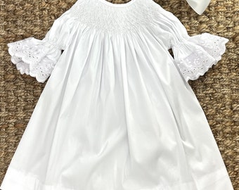 Heirloom Smocked Dress - White with White Lace - Easter, Flower Girl Dress, First Communion, Wedding, Portrait, Christmas, Vintage Style