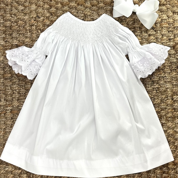 Heirloom Smocked Dress - White with White Lace - Easter, Flower Girl Dress, First Communion, Wedding, Portrait, Christmas, Vintage Style