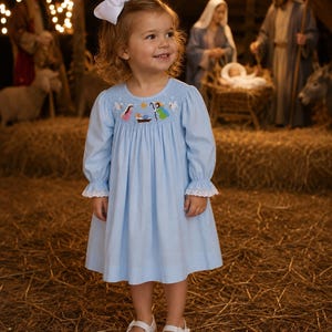 Christmas Nativity Smocked Dress in Light Blue - Bishop Dress, Long-Sleeve, Vintage Style, Matching Sibling , Baby Girl Heirloom 459 *G