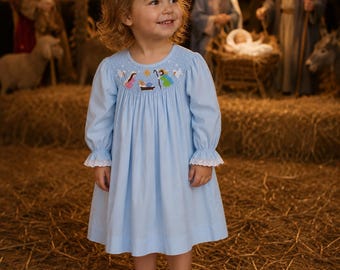 Robe de Noël smockée bleu clair - Robe Bishop, manches longues, style vintage, assortie pour sœur, pièce de famille pour bébé fille 459 *G