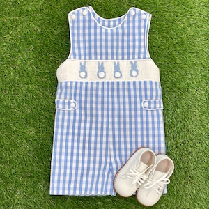 Easter Bunny Smocked Shortall in blue gingham - Coordinating Sibling Outfits, Baby Boy, Vintage Style, Machine washable