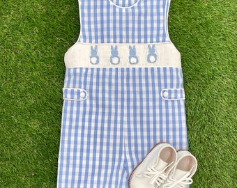 Easter Bunny Smocked Shortall in blue gingham - Coordinating Sibling Outfits, Baby Boy, Vintage Style, Machine washable