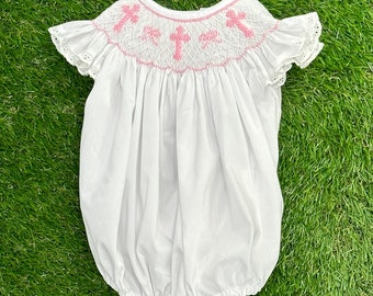 Smocked Bubble with Crosses and Bows in White with Pink - Baptism, Christening, Baby Girl, Heirloom, Bishop Style