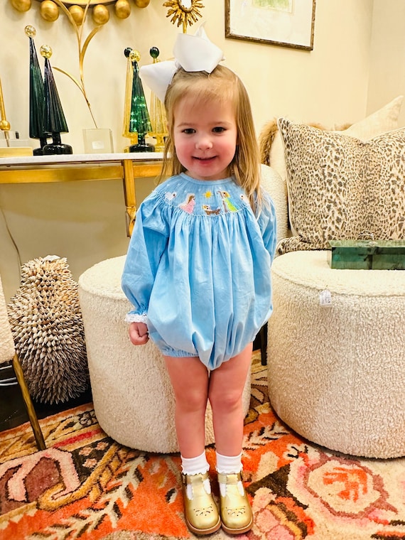 Christmas Nativity Smocked Bubble in Light Blue - Smocked