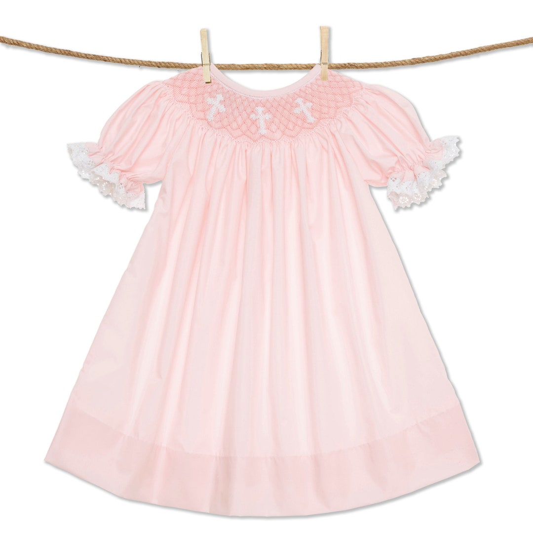 Anavini Girls Pink Batiste Smocked Crosses Bishop Dress main image 1