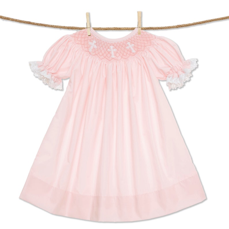 Smocked Cross Dress in Pink with Lace Baptism, Christening, Baby Girl, Heirloom dress, Flower Girl, Bishop Style image 2