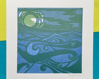 Night Swimming original Lino print