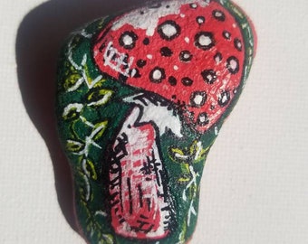 Handpainted Rock Art, Mushroom Stone Painting, Garden Rocks, Painted Stone Art, Red and White Mushroom Artwork, Painted Rocks, Garden Decor