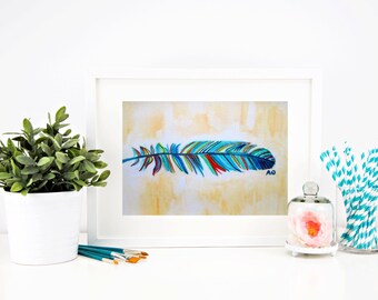 Feather watercolour 8 x 10 print of painting Rainbow watercolour, home decor wall art, still life painting, original watercolor, feather art