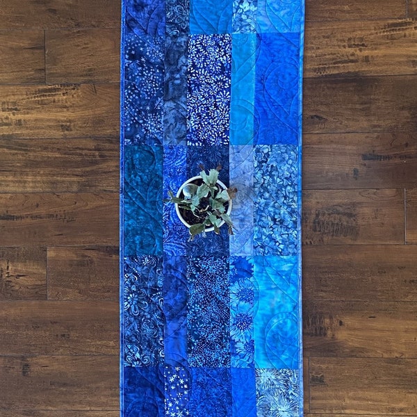 Extra Long Table Runner, Blue Batiks, Bed Runner, 18.5 x 80 inches