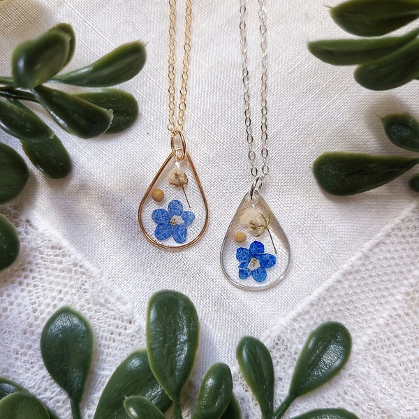 Hannah's Hope Necklace - Small Teardrop Pendant, forget-me-not, mustard seed, baby's breath, floral jewelry, nature jewelry, comfort jewelry