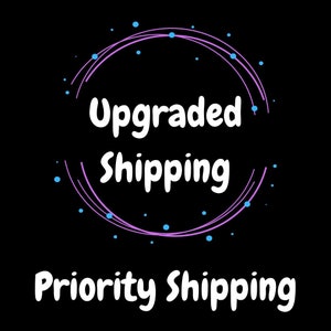 May include: Purple and blue circle with the text "Upgraded Shipping" and the text "Priority Shipping" below the circle.