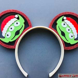 Christmas Toy Story Pizza Planet Alien in Santa Hat Holiday Aliens 3D Printed Mickey Mouse Ears IllusionEars Headband