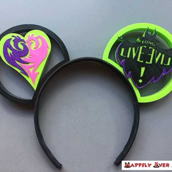Descendants Mal Heart Logo and Long Live Evil Maleficent 3D Printed Mickey Mouse Ears IllusionEars Headband