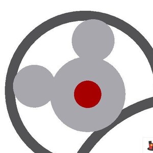May include: A pair of gray Mickey Mouse ears with a red circle in the middle of the left ear. The right ear has a black and white geometric pattern.