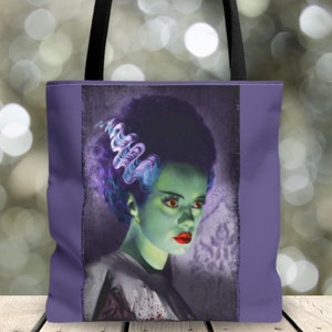 Bride of Frankenstein Tote Bag, Classic Monster, Vintage Horror, Gothic Style, Purple, Goth, Aesthetic, Horror Lover, Bookbag, Gift Idea
