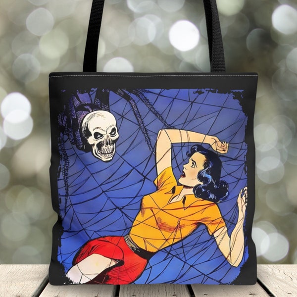 Vintage Comic Horror Girl Tote Bag, Goth, Gothic Style, Alt, Aesthetic, Rockabilly, Horror Lover, Horror Pinup, Bookbag, Beach Bag, Gift
