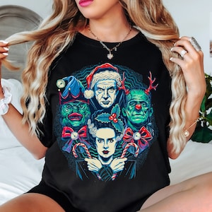 T-shirt de Noël classique Monsters Comfort Colors, Dracula, Frankenstein, Mariée de Frankenstein, Noël gothique, Noël horrifique, chemise Alt