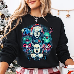 Classic Monsters Christmas Sweatshirt, Dracula, Frankenstein, Bride of Frankenstein, Goth Christmas, Horror Christmas, Alt Christmas, Unisex