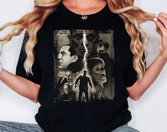 T-shirt di mostri di film classici, colori confortevoli, maglietta horror, camicia gotica, abbigliamento alternativo, Dracula, Frankenstein, The Wolfman, unisex, gotico