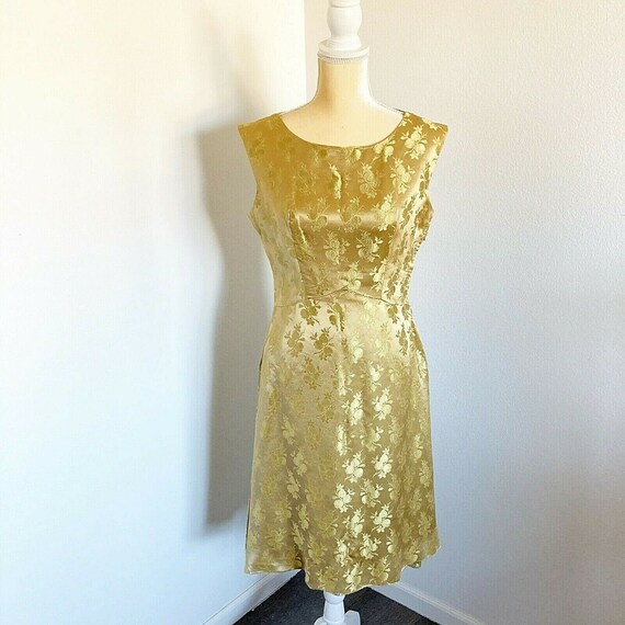 Vintage 60's Gold Satin Floral Dress Mod Retro Mid