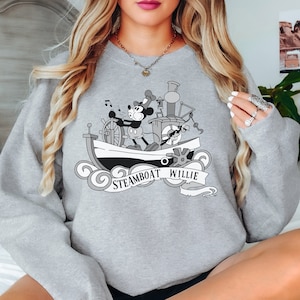 Bonita sudadera de Steamboat Willie de estilo retro, estilo vintage, unisex, estilo parque temático, nostálgica, caprichosa, con ratón icónico, caricatura, clásica