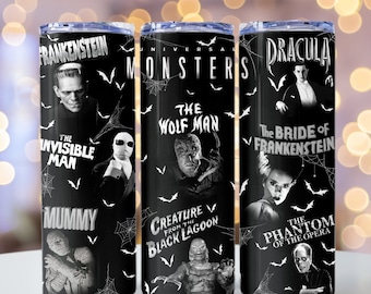 Classic Movie Monsters Tumbler, Frankenstein, Dracula, Wolfman, The Mummy, Universal Monsters, Classic Horror, Goth, Rockabilly, Alt