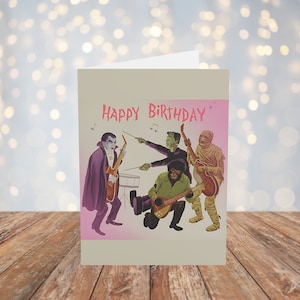 Tarjeta de cumpleaños divertida con monstruos clásicos, amante del terror, gótico, gótico, alternativo, rockabilly, estético, terror clásico, tarjeta de felicitación, tarjeta en blanco