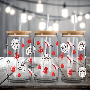 Horror Theme Glass Tumbler, Goth Tumbler, Horror Lover Tumbler, Horror Icon Tumbler, Gift Idea, Gothic Aesthetic, Glass Can Tumbler