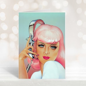 Biglietti d'auguri retrò con DJ disco, cofanetto, biglietti vuoti, anni '70, anni '80, illustrazione retrò, look vintage, cuffie, musica, fascino senza tempo