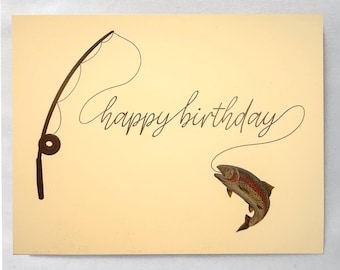 Happy Birthday Fishing Card, Fishing Pole Birthday Card, Fisher Birthday Gift, Fish Lover Blank Card,Hand Drawn Original Fish Art Stationary