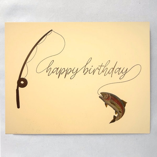 Happy Birthday Fishing Card, Fishing Pole Birthday Card, Fisher Birthday Gift, Fish Lover Blank Card,Hand Drawn Original Fish Art Stationary
