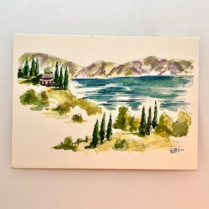 Wall art, Israel, Mount of Beatitudes Print, Small Watercolor Israel Print, Israel Postcard, Hand painted Art, Holy Land Note Card