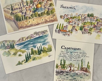 Israel Art, Jerusalem, Capernaum, Nazareth, Mount of Beatitudes, Pray for Israel, Four Israel Watercolor Cards, Israel notecards, Holy Land