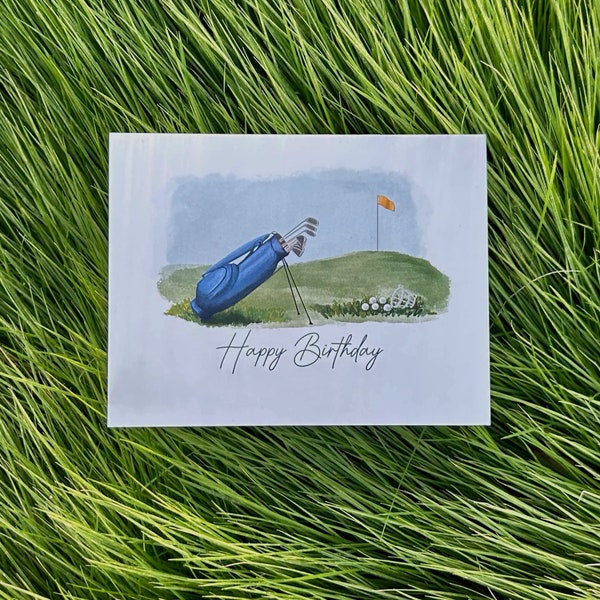 Golf Bag Birthday Card, Happy Birthday Golf Card, Golfing Greeting Card, Note Card for Golf Lover, Hand Drawn Golfing Art Print, Golf Gift