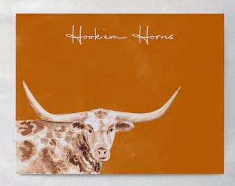 Hook'em Horns Greeting Card, University of Texas Card, Longhorn Note Card, Burnt Orange Longhorn Card, UT Stationary, Hand Drawn Longhorn