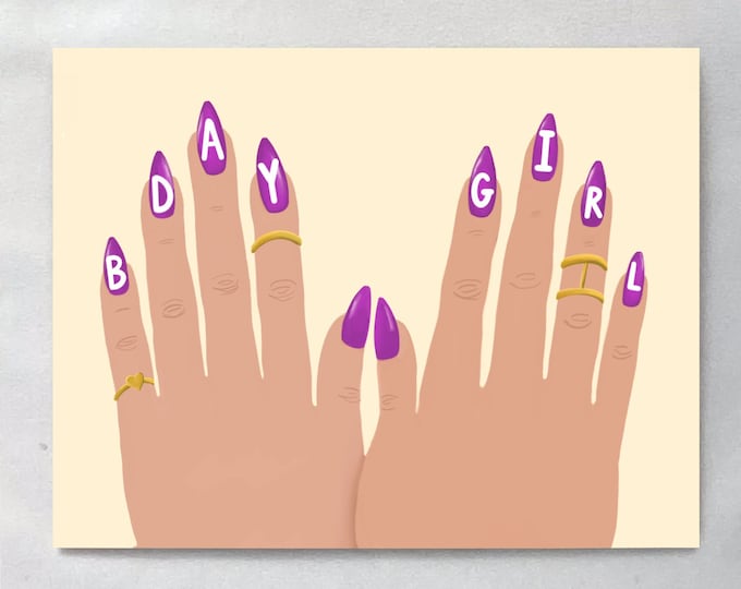 Birthday Nails Card, Happy Birthday Fingernails, Manicure Birthday Card, Hot Pink Fingernails Blank Card, Nail Art Birthday, Pink Nails Art