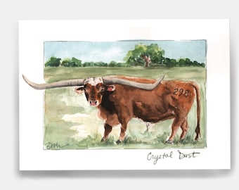 Longhorn art, art for ranch, Longhorn lover, cowboy art, watercolor longhorn, western art, ranch art, Texas longhorn, office, longhorn bull