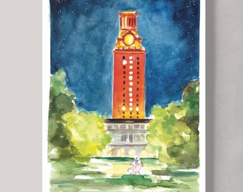 UT Tower Watercolor Art Print, University of Texas Gift