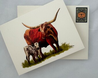 Longhorn card mom, dad or baby, western notecard, Longhorn art, new dad, new mom, Texas baby, Welcome baby, Longhorn art, new baby